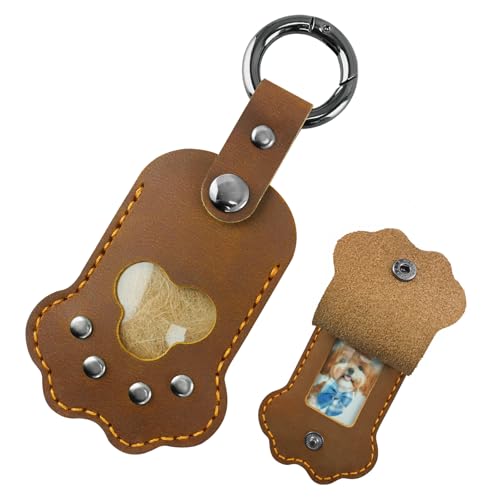 Pet Memorial Keychain,Dog Hair Handmade Full Grain Leather Paw Shape Keychain for Dog Cat Hair Keepsake, Holds Fur & Photo, Personalized Memorial Gift for Pet Loss (Brown) - color: Classic Brown