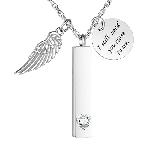 XIUDA Cremation Jewelry for Ashes with Angel Wing Charm Vertical Bar Urn Necklace Stainless Steel Memorial Keepsake Pendant for Women - color: White