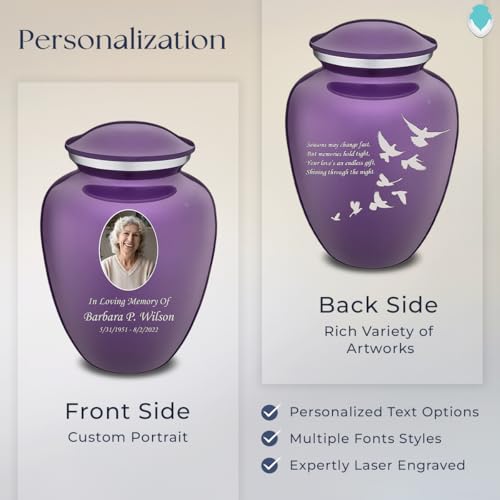 Geturns Embrace Adult Personalized Doves Cremation Urns for Human Ashes I Large Picture Purple Funeral Urn for Adult Men and Women with Double Side Engraving I 200 lbs - color: _Purple (Double Sided)