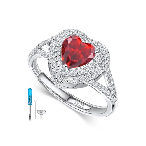 AOBOCO Sterling Silver Heart Birthstone Cremation Ring Holds Loved One's Ashes, Heart Urn Ring for Women, Memorial Keepsake Embellished with Austrian Crystals size 6-9 Adjustable Ring - color: 01-garnet-Jan