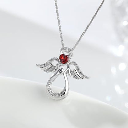 925 Sterling Silver Guardian Angel Pendant Necklace for Women with Birthstone Cubic Zirconia Little Angel Pendant Necklace Jewelry 18 inch Chain - color: 01-Jan-Garnet