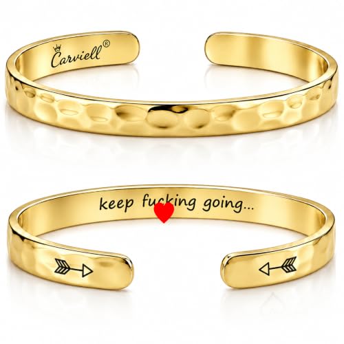 Bracelets for Women – 100+ Meaningful Engraved Messages – Solid 316L Surgical Stainless Steel Cuff Bracelet – Gift Ready - color: BADASS Gift - Keep F##king Going - GOLD