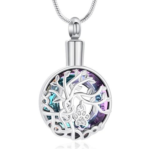 zeqingjw Pet Cremation Jewelry Tree of Life Urn Necklace for Ashes for Dog/Cat Funeral Ashes Keepsake Paw Print Urn Pendant Memorial Jewellery - color: Silver-Purple