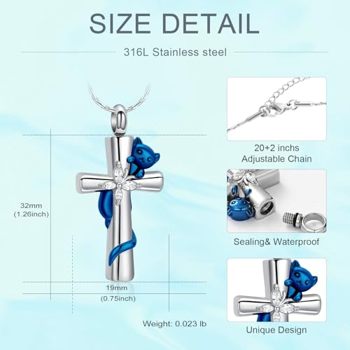 Cross Urn Necklaces for Men Women Cat Butterfly Cremation Jewelry for Ashes Stainless Steel Pet Memorial Ashes Pendant Keepsakes Jewelry - color: Blue