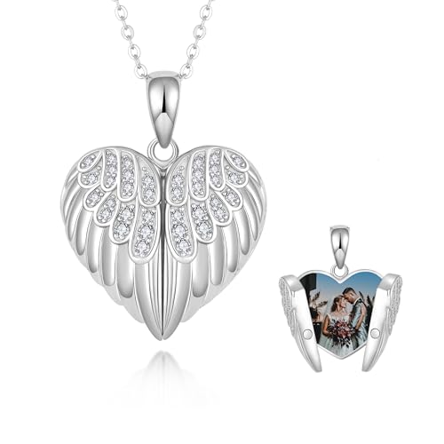 SNOWELLE Angel Wings Locket Necklace Sterling Silver Angel Wings Jewelry | Heart Angel Wings Pendant Heart Jewelry Gifts for Women 18＋2'' inches Sterling Silver Chain