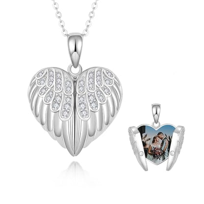 SNOWELLE Angel Wings Locket Necklace Sterling Silver Angel Wings Jewelry | Heart Angel Wings Pendant Heart Jewelry Gifts for Women 18＋2'' inches Sterling Silver Chain