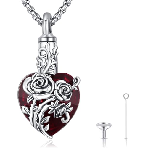 Urn Necklace for Ashes for Women/Men 925 Sterling Silver Cremation Jewelry w/Funnel Filler Memorial Jewelry Gifts - color: A-Rose (Crystal-Red), style: Non - Customized
