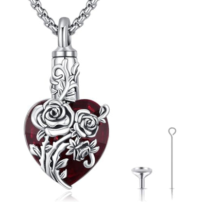Urn Necklace for Ashes for Women/Men 925 Sterling Silver Cremation Jewelry w/Funnel Filler Memorial Jewelry Gifts - color: A-Rose (Crystal-Red), style: Non - Customized