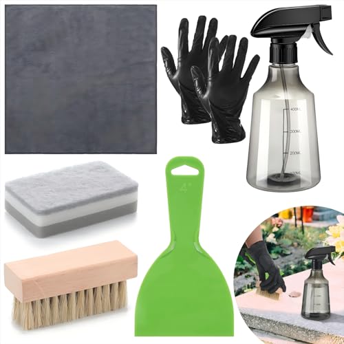 Hahafelt 7 Pcs Headstone Cleaner Kit Includes Microfiber Cloth Spray Bottle Bristle Brush Headstone Sponge Disposable Gloves Plastic Scraper for Grave Cleaning Gravestone Cleaner Grave Granite