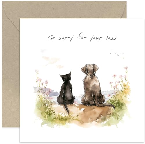 Old English Co. Sympathy Cards - Thinking of You Card - Loss of Dog, Cat, Pet - Pet Death Condolences Card - Deepest Sympathy Sorry For Your Loss Card - Cat and Dog Floral Design | Blank Inside