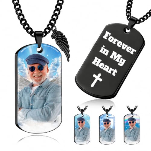 HJX Personalized Memorial Necklace for Loss of Loved One | Custom Photo Dog Tag Necklace, Forever in My Heart Engraved Pendant, Sympathy Gift for Men Women - color: 03-Picture+Text