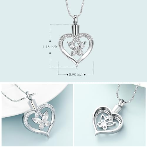 Imrsanl Butterfly Heart Pendant Cremation Urn Necklace for Women - color: Silver-White