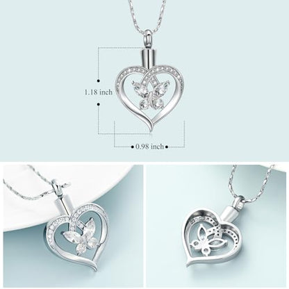 Imrsanl Butterfly Heart Pendant Cremation Urn Necklace for Women - color: Silver-White