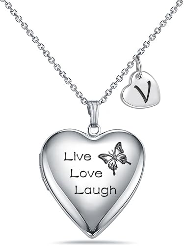 MUERDOU Butterfly Locket Necklace that Holds Pictures Initial Alphabet Letter Heart Shaped Photo Memory Locket Pendant Necklace - style: V