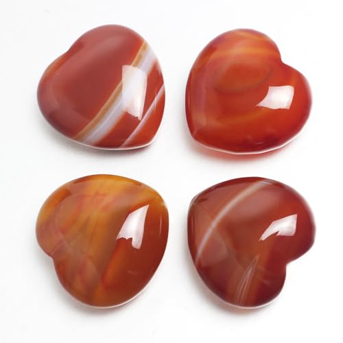 Red Agate Heart Worry Stones, 1.2 Inch, Set of 4 | Polished Heart Crystals, Palm and Pocket Stones, Reiki Meditation Accessories, Love Carved Stones, Crystal Gift Set - color: Red Agate