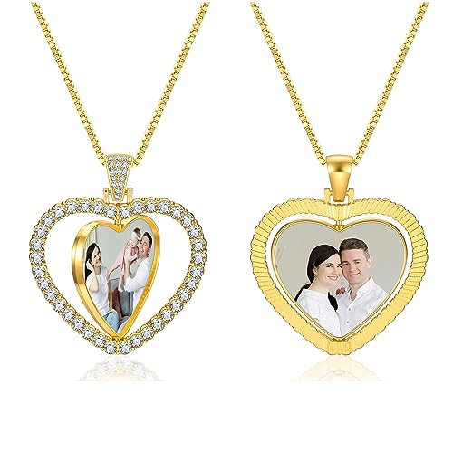 PiercingJ Customized Double-Side Photo Necklace Custom Picture Pendant Chain Personalized Cubic Zirconia Hip Hop Jewelry Gift for Men Women with Gift Box - color: Gold-Heart-1PC