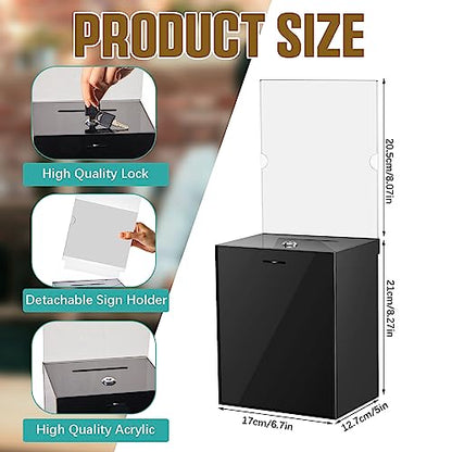 2 Pack Acrylic Donation Box with Lock Tall Tip Jars 8.2 x 6.7 x 5 In Suggestion Ballot Box with Sign Holder Large Locking Raffle Voting Container for Fundraising Ticket Collection(Black)