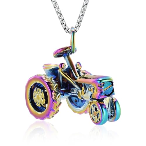 Oinsi Men Keepsake Jewelry Stainless Steel Farm Tractor Cremation Necklace For Ashes For Dad Memorial Urn Necklace Pendant - color: Rainbow