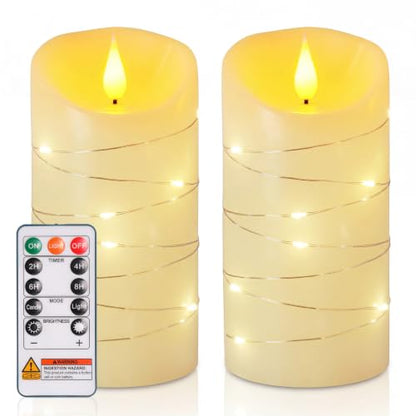 Homemory Flameless Candles with String Lights, 2 Pack Embedded Fairy String Lights LED Candles, Electric Flickering Candles with Remote Control and Timer, Real Wax, Ivory White - color: Ivory, 2Pack
