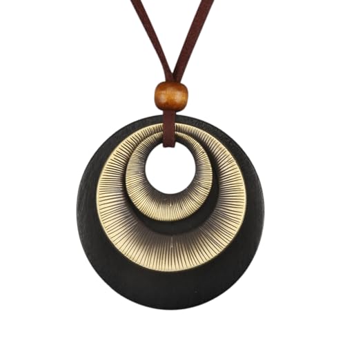 PU Leather Necklace Vintage Boho Multilayer Pendant for Women Men | Bohemian Hippie Style, Handmade Alloy Sweater Choker, Easy Adjustable Long Cord, Fit Daily Holiday Party Outfits,Jewelry Gift - color: Black Gold 3 Circles Wooden Necklace