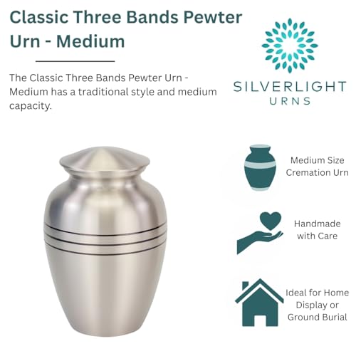 Classic Three Bands Pewter Cremation Urn for Ashes - Medium, Brass, Silver Urn, Medium Sized Cremation Urn, 8.25 Inches High - size: Medium Urn