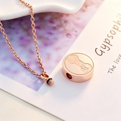 SIYUU Pet Ashes Necklace 20mm Round Shape Dog Cat Keepsake Jewelry Stainless Steel Memorial Urn Jewelry Etching Paw Print & Dog Bone Cremation Pendant Necklace - color: Rose Gold