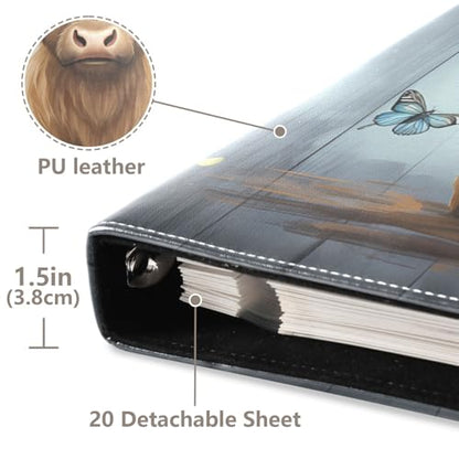 JIPONI Highland Cow and Butterfly Large Photo Album, DIY Leather Cover Scrapbook Albums for 4x6 5x7 6x8 Pictures, Self Adhesive Memory Book for Wedding, Baby, Family - color: Highland Cattle