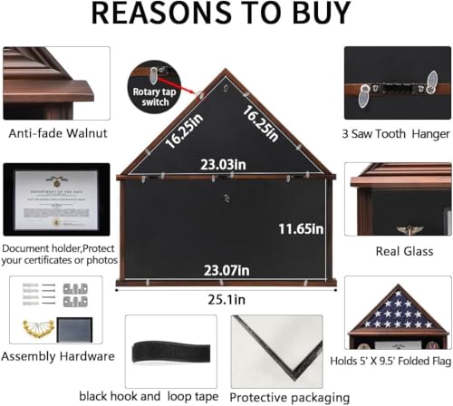 Burial Flag Display Case Wooden Walnut Finish for 5x9.5 Military Flag - size: Large-Walnut