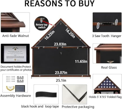 Burial Flag Display Case Wooden Walnut Finish for 5x9.5 Military Flag - size: Large-Walnut