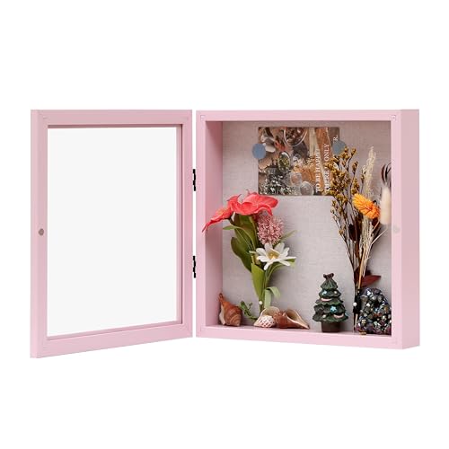 10x10 Shadow Box Frame with Linen Back, Wood Glass Display Case for Medals, Photos, Memorabilia, Awards - Pins Included- Pink - color: Pink, size: 10x10