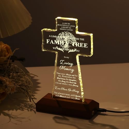 BLUEBOOK Sympathy Gifts for Loss of Loved One - Family Tree Religious K9 Crystal Cross 4.3x7 Inch,Memorial Gifts for Loss of Mom Dad with Laser Engraving,Condolences Bereavement Remembrance Gift in Memory of Pet Dog Cat - style: LED Glass Cross-Tree Light