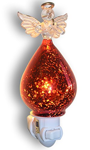 Angel Night Light – Praying Angel with Red Mercury Glass Dress, Gold Halo & Wings Accent, Plug-in Religious Nightlight for Bedroom, Nursery, Memorial Gift, Christmas Décor – 6.25 Inch