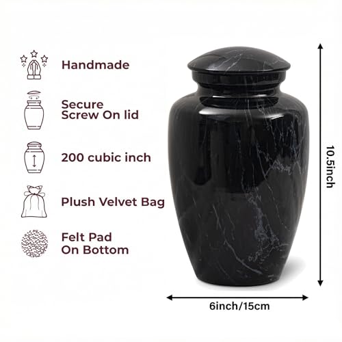 Large Black Marble Finish Urn for Ashes Adult Male Female | Large Cremation Urn for Human Ashes Men and Women,Memorial Urn for Dad/Father/Grandpa/Brother(Includes Velvet Bag) - size: Large,Black Marble Finish