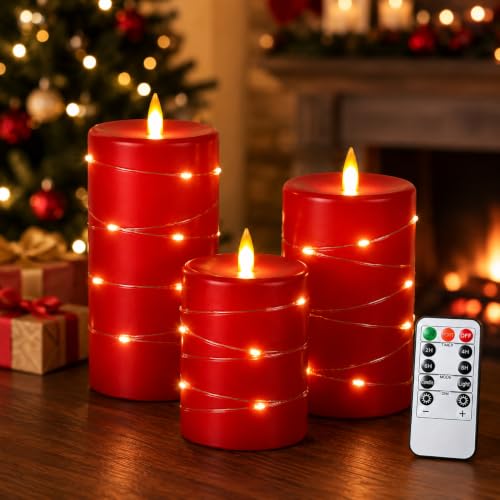 Upinmz Red Real Wax Flameless Candles, 3-Pack, Remote Timer, String Lights - size: Red-Wax-3 Pack