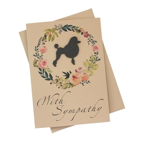 Poodle Continental Clip Floral Wreath Sympathy Card | Handmade 5x7 Pet Condolences Greeting | Dog Silhouette Kraft Brown Base Card | Toy Miniature Standard - color: Kraft Brown, style: Poodle (Continental Clip)