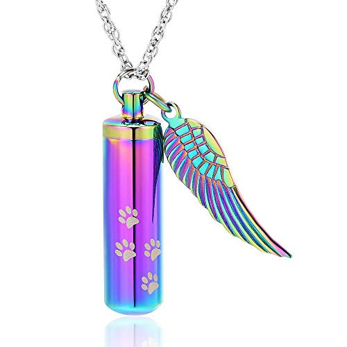 shajwo Cremation Jewelry Paw Print Urn Necklaces for Human Pet Ashes Cylinder Urn Pendant Keepsake Memorial Ash Locket Holder Necklace for Men Women - color: Rainbow