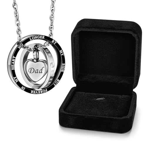 XIUDA Cremation Urn Necklace for Ashes Eternal Memory Carved Keepsake Stainless Steel Urn Jewelry Memorial Ash Holder - color: Silver&Black-DAD with Box