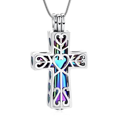 Urn Necklaces for Ashes Cross Cremation Jewelry for Ashes Memorial Ash Pendant with Hollow Keepsake Jewelry Gifts for Loss of Loved One with Funnel Filler Kit - color: Silver-Rainbow