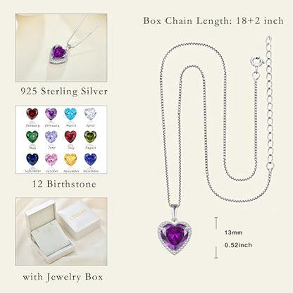 925 Sterling Silver Halo Heart Necklace for Women | Lwsary Love Heart Necklace, Heart Cut Birthstone Jewelry for Her - color: Purple