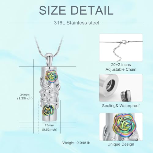 Cylinder Urn Necklace for Ashes Roseflower Cremation Jewelry Urn Ashes Necklace for Women Men Memorial Keepsake Necklace of Loved One - color: Silver-Rainbow
