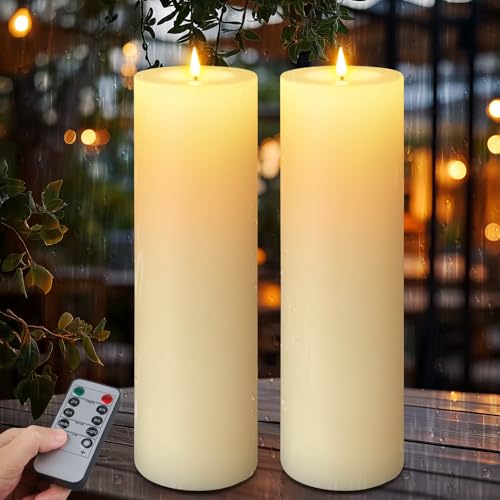 14"×4" Large Outdoor Flameless LED Candles, IP45 Waterproof, Ivory 2 Pack | Battery Operated with Remote Control, 2/4/6/8H Timer; 3D Flickering Flame,550H Runtime,for Patio, Porch, lantern, Wedding - color: Ivory, size: 14 X 4in-2Pack
