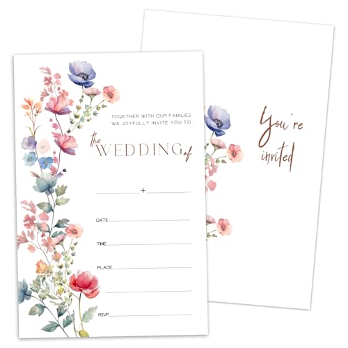 WwongxianB Floral Wedding Invitations, 25 Fill In Wildflower Invites for Newlyweds Mr and Mrs with Envelopes, Wedding & Bridal Shower Party Celebration Favor Decorations -N26 - color: Wildflower03