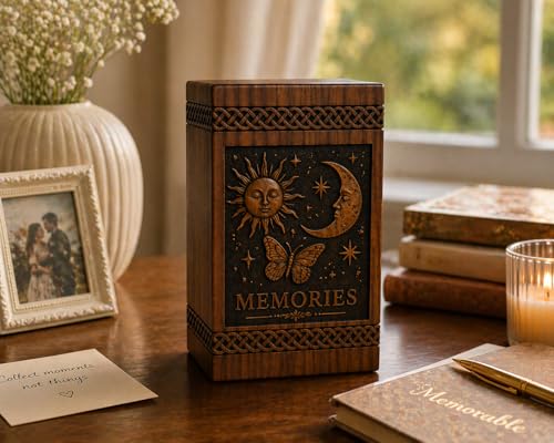 Wooden Keepsake Box Urn for Ashes Memorial Box, Handmade Memory Chest, Celestial Sun Moon Butterfly Engraved Urn[Available urn Box in 5 Different Sizes] ((Full Size 14X7.5 600 Cubic INCHES))
