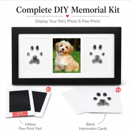 Pet Memorial Wooden Photo Frame, No-Mess Paw Print Ink Pad Kit for Dog and Cat, Pet Loss Sympathy Keepsake, Cherish Memory of Furry Family Member（ Black） - color: Black