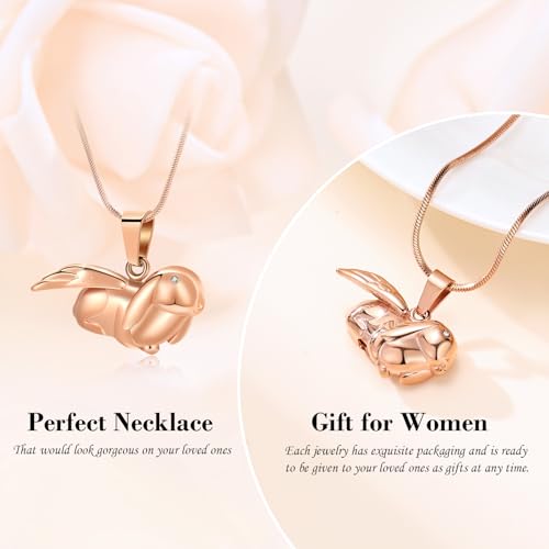 Bunny Rabbit Urn Pendant Necklace - Stainless Steel Cremation Ashes Jewelry for Pets Keepsake Memorial Ashes Locket - color: Rosegold-A