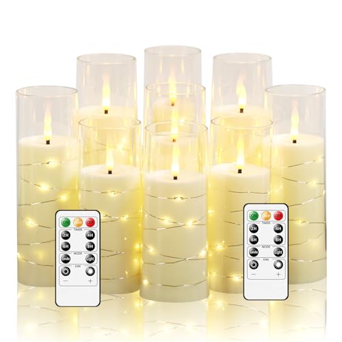 Nimiko Flickering Flameless LED Candles,Battery Operated Candles 9 Pcs with Embedded Star String,Acrylic LED Pillar Candles with Remote,Suitable for Home Decoration to Create an Atmosphere (Ivory) - color: Ivory