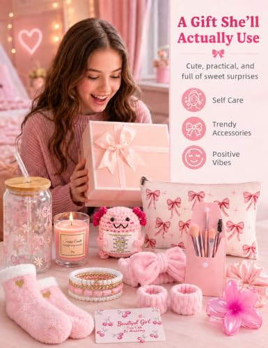14PCS Gifts for Teen Girls - Gift Basket for Teen Girl, Gifts Trendy Stuff | Back to School Gift, Unique Birthday Gift Sets for Teen Girls, Daughter, Sister, Friend, Sweet 16th 18th 21st, Pink - color: Pink