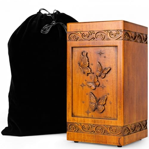 Wooden Cremation Urn for Human Ashes, Adult, Butterfly, 270 Cubic In | Handcrafted Butterfly & Floral Engraving, For Mother, Father, Men & Women, Display at Home or Niche at Columbarium - color: Butterfly