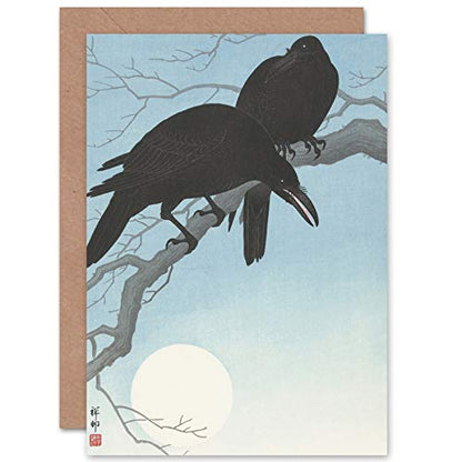 Artery8 Ohara Koson Two Crows Tree Branch Japanese Woodcut Fine Art Greeting Card Plus Envelope Blank Inside - color: Two Crows Tree Branch