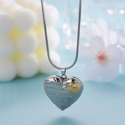MeiceM Heart Crystal Urn Necklace for Ashes A Piece Of My Heart Lives In Heaven Cremation Jewelry Angel Wings Memorial Keepsake Pendant - color: Silver+Gold heart